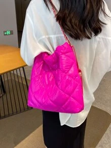 2入組熒光燈粉色縫綫大容量托特包帶零錢包 - 玫紅色 - 查看 4