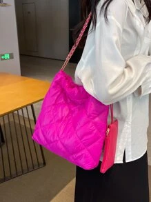 2入組熒光燈粉色縫綫大容量托特包帶零錢包 - 玫紅色 - 查看 5