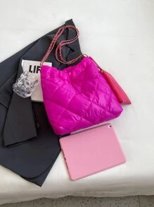 2入組熒光燈粉色縫綫大容量托特包帶零錢包 - 玫紅色 - 查看 6