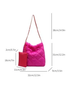 2入組熒光燈粉色縫綫大容量托特包帶零錢包 - 玫紅色 - 查看 9