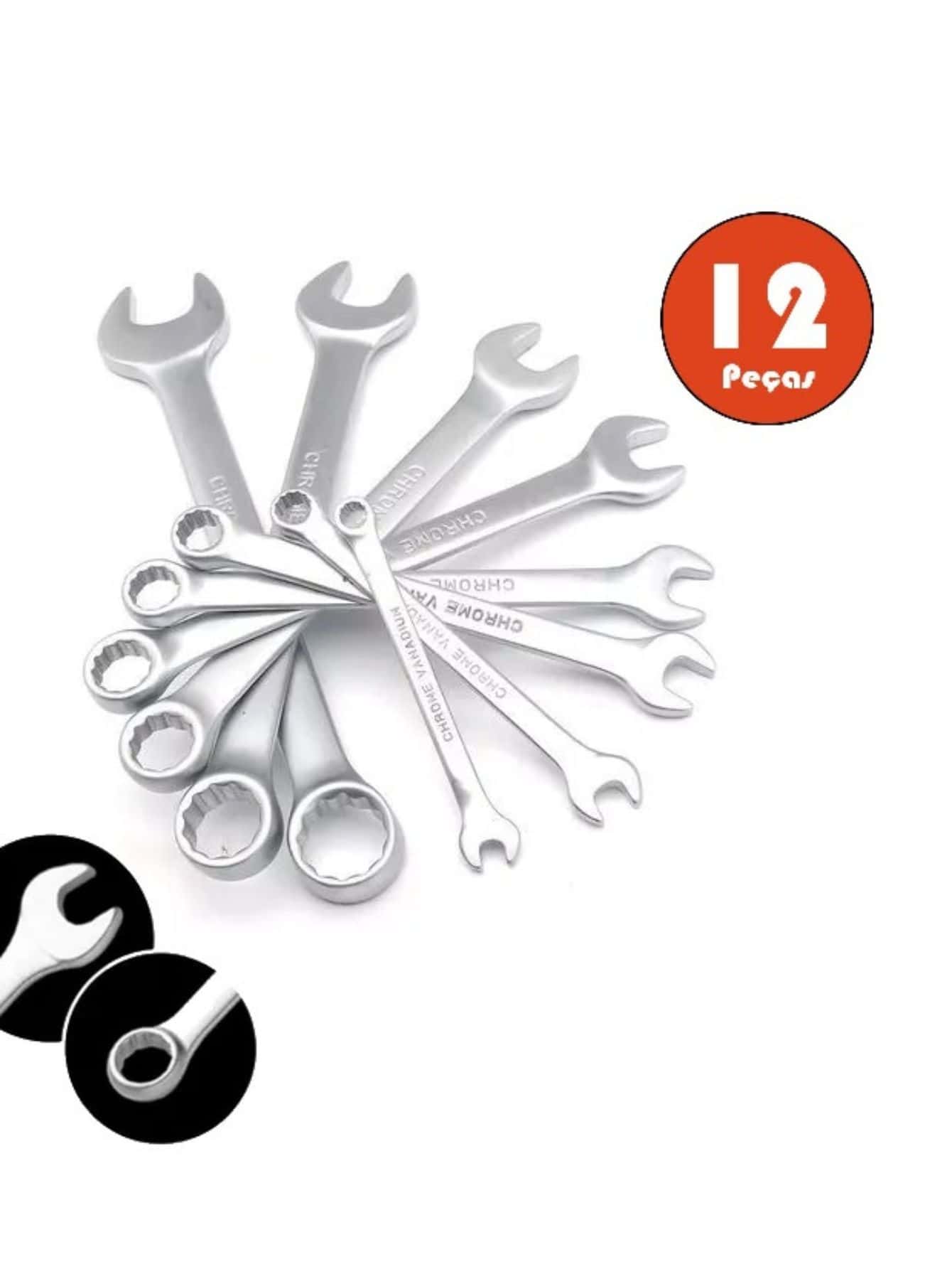 Jogo de Chave Combinada de Chave Inglesa e Sextavada com 12 peças BOM-3203 - Prata - Visão 1