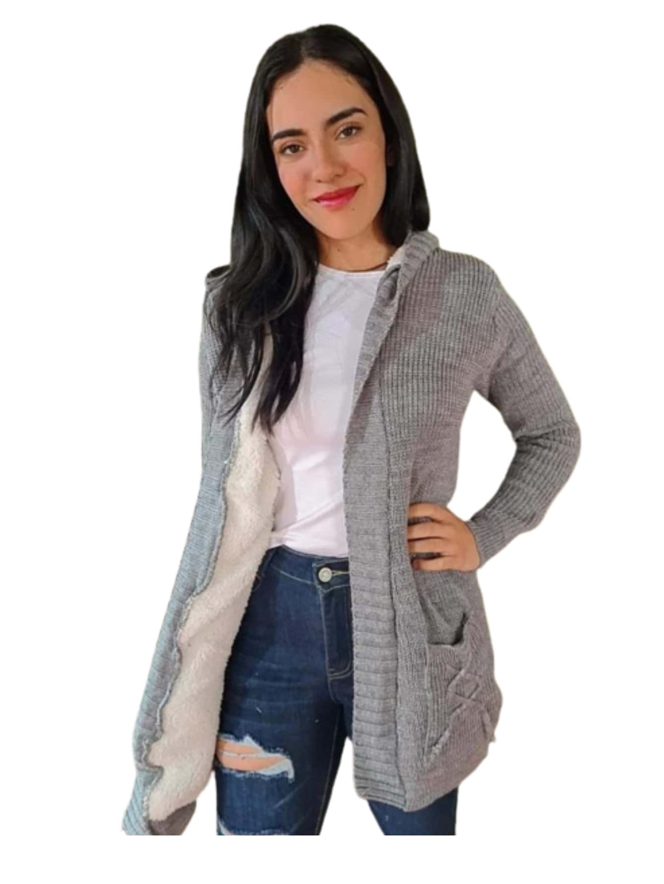 Cardigan Tejido de Punto Aborregado - Gris Oscuro - Ver 1