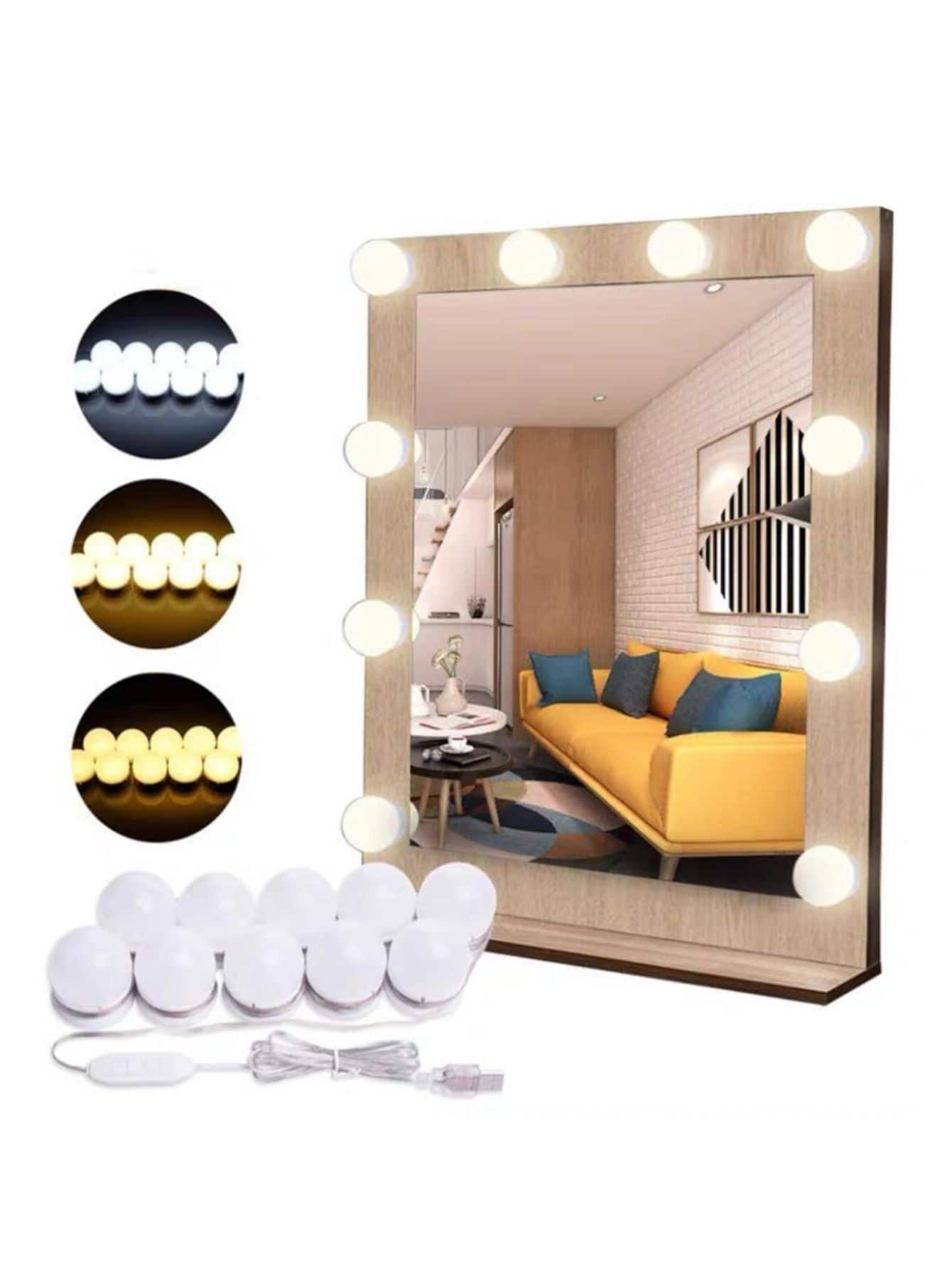 10 Focos luces Led Tocador Vanity Para Espejo De Maquillaje Iluminado 3 variaciones de luz USB - Blanco - Ver 1