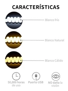 10 Focos luces Led Tocador Vanity Para Espejo De Maquillaje Iluminado 3 variaciones de luz USB - Blanco - Ver 2