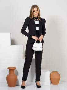 BELLA ELISA HA021 Blazer Manga Bufante com Botão forrado/chic/ dia -dia/dia das maes/moda inverno/tecido neoprne/CASACO/Social/princesa