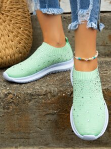 Women's Fashionable Breathable Comfort Casual Sport Sneakers With Rhinestones - Green - View 3