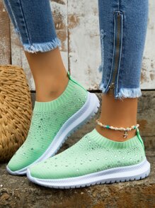 Women's Fashionable Breathable Comfort Casual Sport Sneakers With Rhinestones - Green - View 2