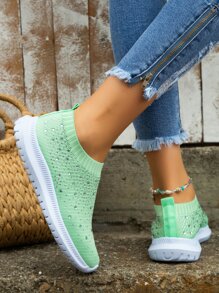 Women's Fashionable Breathable Comfort Casual Sport Sneakers With Rhinestones - Green - View 5