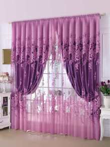1pc Purple Floral Pattern Rural Style Single Layer Ruffle Gauze Curtain - Purple - View 1