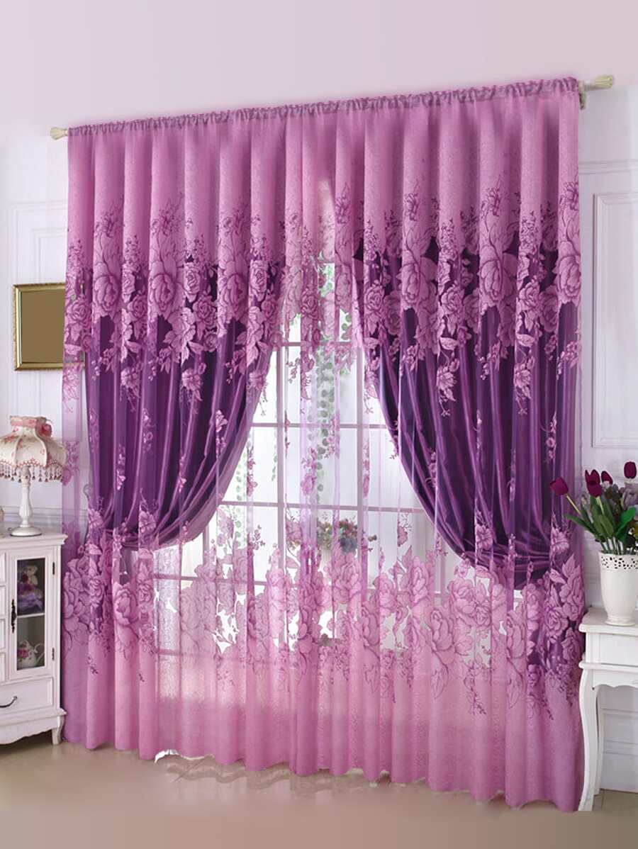 1pc Purple Floral Pattern Rural Style Single Layer Ruffle Gauze Curtain - Purple - View 1