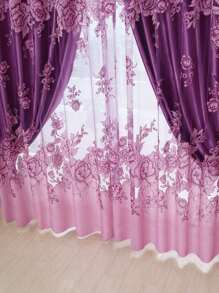 1pc Purple Floral Pattern Rural Style Single Layer Ruffle Gauze Curtain - Purple - View 9