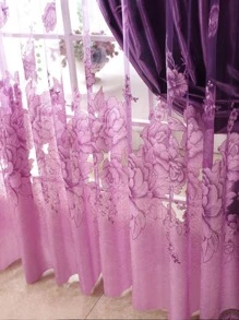 1pc Purple Floral Pattern Rural Style Single Layer Ruffle Gauze Curtain - Purple - View 10