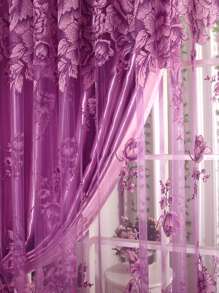 1pc Purple Floral Pattern Rural Style Single Layer Ruffle Gauze Curtain - Purple - View 4