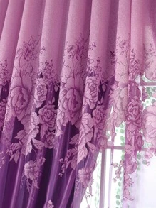 1pc Purple Floral Pattern Rural Style Single Layer Ruffle Gauze Curtain - Purple - View 5