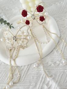 1入組女性蝴蝶造型珍珠和流蘇裝飾時尚髮夾 - 金色 - 查看 2