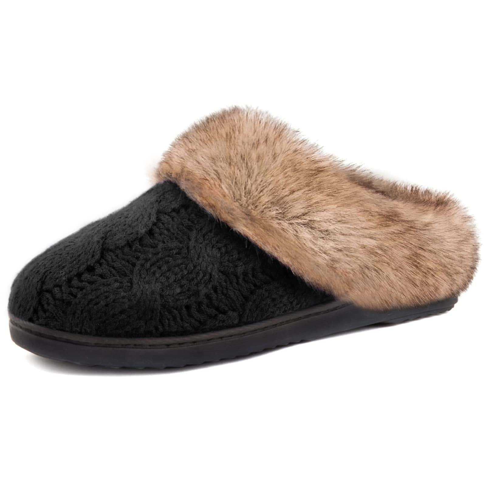 Valentines Women's Fuzzy Bedroom Slippers With Memory Foam, House Fluffy Comfy Chunky Sweater Knit Shoes Indoor Outdoor - 黑色 - 查看 1