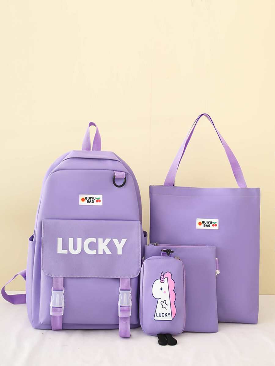 4 Piece Set School Bags For Teenager Girls Kawaii Women Backpack Student Waterproof Canvas School Backpack Rucksacks - Purple - View 1
