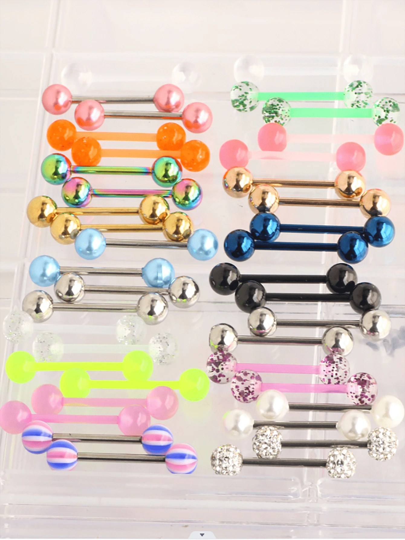 40pcs Mix Tongue Rings Set Acrylic Stainless Steel Tongue bar 14G 16 mm Straight Barbell Tongue Rings women Ring tongue piercing jewelry Assorted Colors