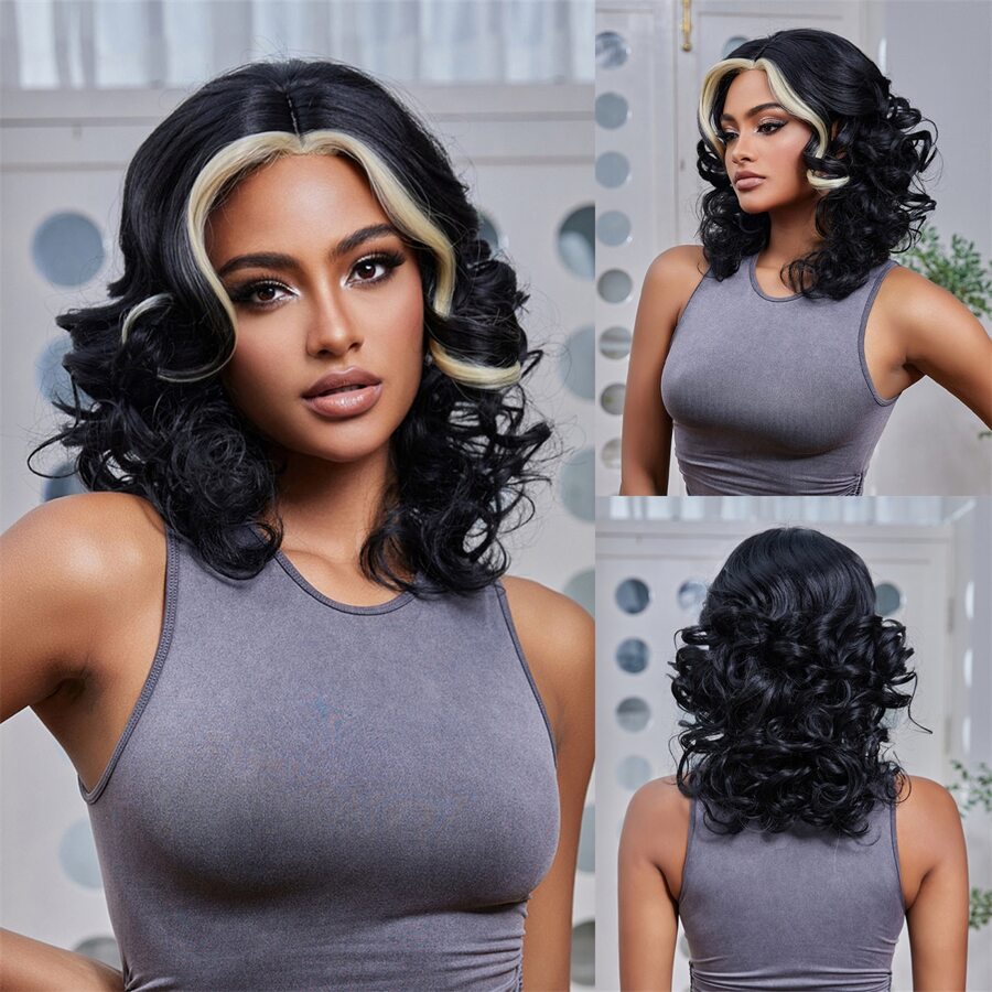 前蕾絲假髮 - 捲髮假髮、中分 U 形蕾絲中長捲髮假髮、具有逼真機制合成纖維日常假髮、高溫合成纖維假髮、耐用造型、不纏結、非常適合日常佩戴採用模仿真實頭皮持久耐熱設計，打造自然外觀適合日常穿著，非常適合女士 - 拼色 - 查看 1