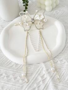 1入組女士水鑽蝴蝶和人造珍珠裝飾時尚髮夾適用於頭髮裝飾用品 - 白色 - 查看 6