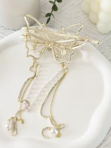 1入組女士水鑽蝴蝶和人造珍珠裝飾時尚髮夾適用於頭髮裝飾用品 - 白色 - 查看 4