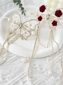 1入組女士水鑽蝴蝶和人造珍珠裝飾時尚髮夾適用於頭髮裝飾用品 - 白色 - 查看 2