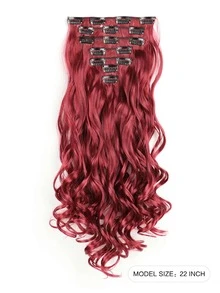 7pcs Long Curly Synthetic Hair Extension - Rose Red - View 2