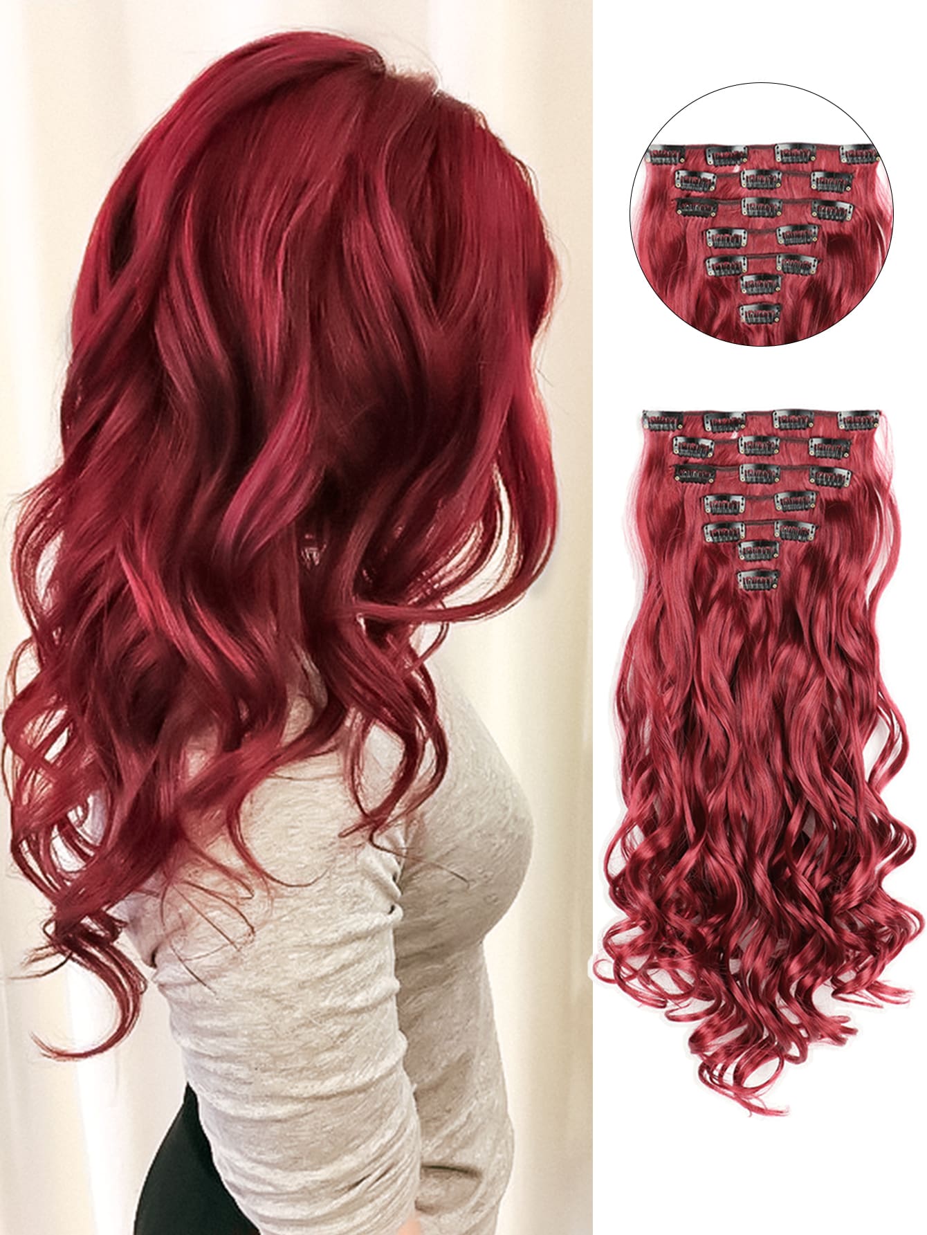 7pcs Long Curly Synthetic Hair Extension - Rose Red - View 1