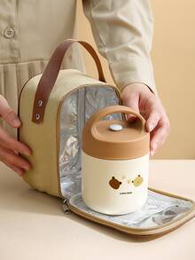 1pc Portable Lunch Bag & 1pc Lunch Box - Brown - View 3