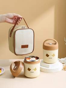 1pc Portable Lunch Bag & 1pc Lunch Box - Brown - View 1