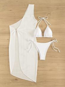 Plain Halter Triangle Bikini Set For Summer Beach With Cover Up
