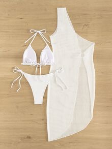 Plain Halter Triangle Bikini Set For Summer Beach With Cover Up
