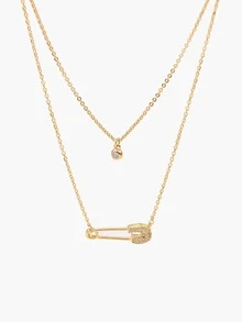 Safety Pin Double Layered Necklace - Gold - View 2