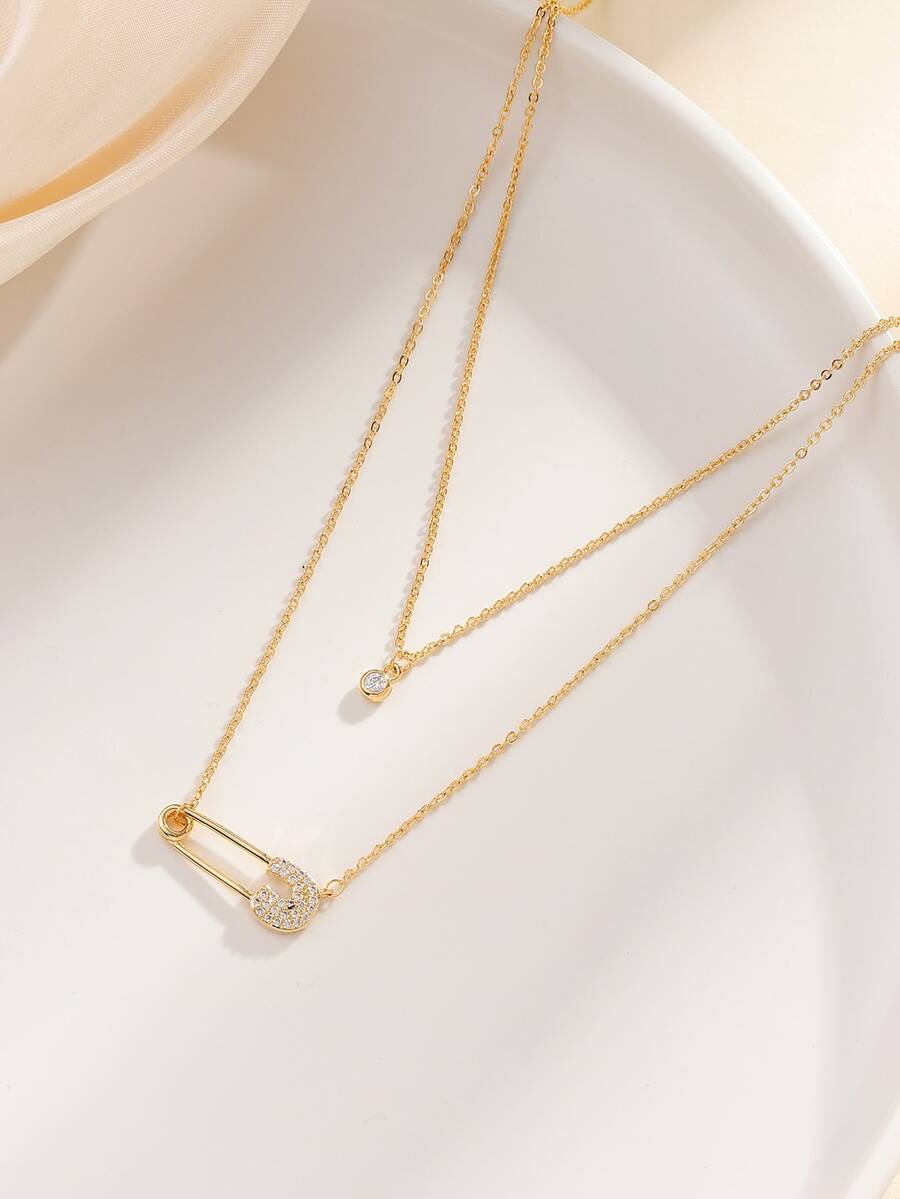 Safety Pin Double Layered Necklace - Gold - View 1
