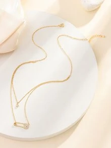 Safety Pin Double Layered Necklace - Gold - View 3