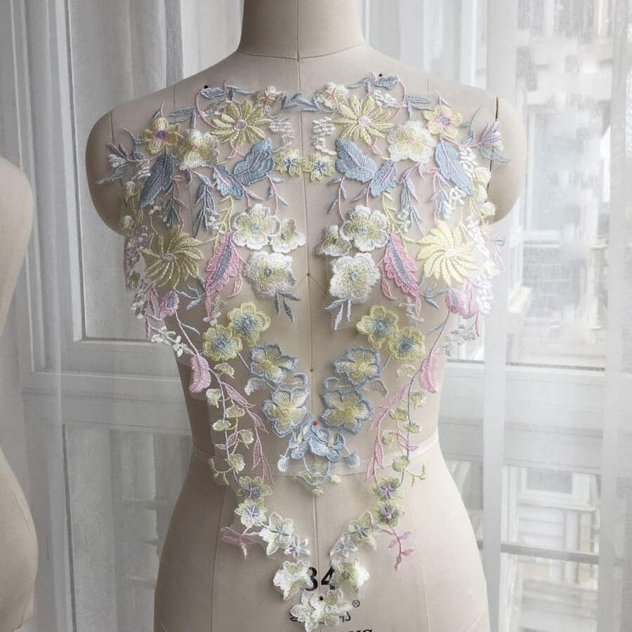 1雙水溶性彩色花卉圖案手工製作DIY花卉刺繡貼布適合婚禮連衣裙&正式穿戴 - 黃色 - 查看 1