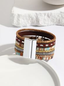 1 vòng tay phong cách bohemian rộng vành vòng đeo tay vết thương với trang trí pha lê rhinestone, nhiều lớp bện bằng da Pu khóa từ dây đeo tay cho nữ - Nhiều màu - Xem 3