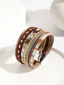 1 vòng tay phong cách bohemian rộng vành vòng đeo tay vết thương với trang trí pha lê rhinestone, nhiều lớp bện bằng da Pu khóa từ dây đeo tay cho nữ - Nhiều màu - Xem 1