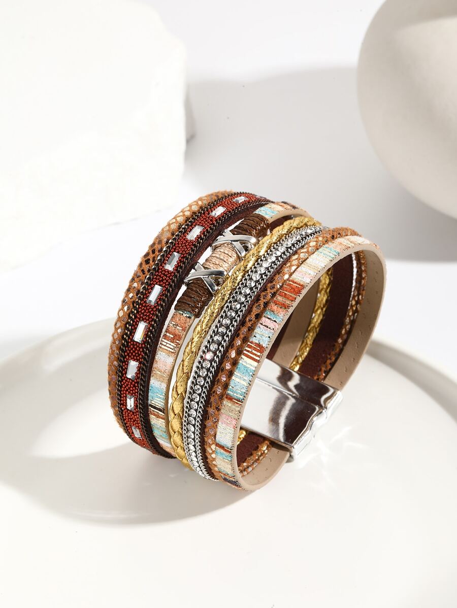 1 vòng tay phong cách bohemian rộng vành vòng đeo tay vết thương với trang trí pha lê rhinestone, nhiều lớp bện bằng da Pu khóa từ dây đeo tay cho nữ - Nhiều màu - Xem 1