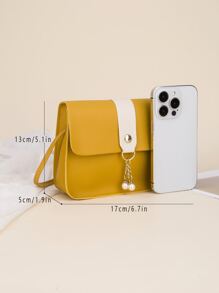 小正方形袋斜挎袋手機袋珍珠裝飾可愛女孩用袋,翻蓋設計,彩塊,外貿 - 黃色 - 查看 4