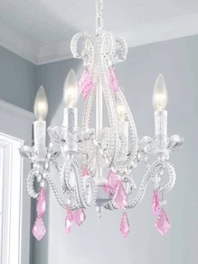 Shrine Elegant Crystal Chandelier, 4-Lights E12 Base, White Painted with Pink Crystal Droplets, D16 x H18 - 淺粉色 - 查看 1