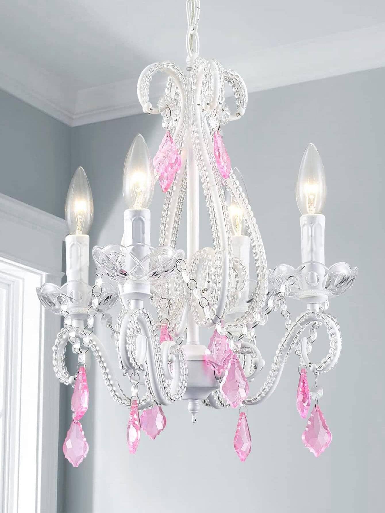 Shrine Elegant Crystal Chandelier, 4-Lights E12 Base, White Painted with Pink Crystal Droplets, D16 x H18 - 淺粉色 - 查看 1