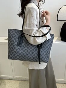 Bolso tote de gran capacidad con patrón geométrico - Negro - Ver 2