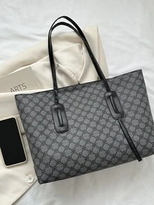 Bolso tote de gran capacidad con patrón geométrico - Negro - Ver 5