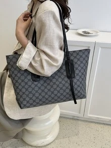 Bolso tote de gran capacidad con patrón geométrico - Negro - Ver 4