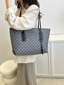 Bolso tote de gran capacidad con patrón geométrico - Negro - Ver 3