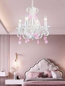 Shrine Elegant Crystal Chandelier, 4-Lights E12 Base, White Painted with Pink Crystal Droplets, D16 x H18 - 淺粉色 - 查看 5