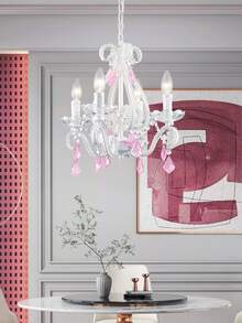 Shrine Elegant Crystal Chandelier, 4-Lights E12 Base, White Painted with Pink Crystal Droplets, D16 x H18 - 淺粉色 - 查看 6