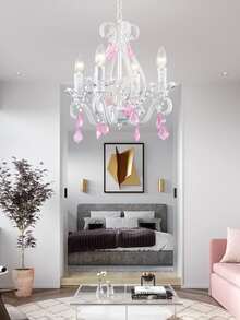 Shrine Elegant Crystal Chandelier, 4-Lights E12 Base, White Painted with Pink Crystal Droplets, D16 x H18 - 淺粉色 - 查看 7