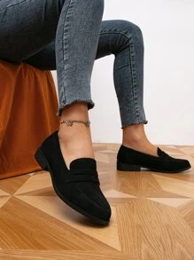 Eleganckie Płaskie Mokasyny Dla Kobiet, Flanelowe Czarne Wsuwane Mieszkania Outdoor